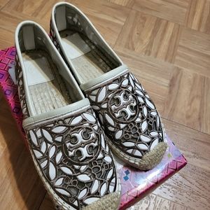 Tory Burch White and Brown Espadrilles